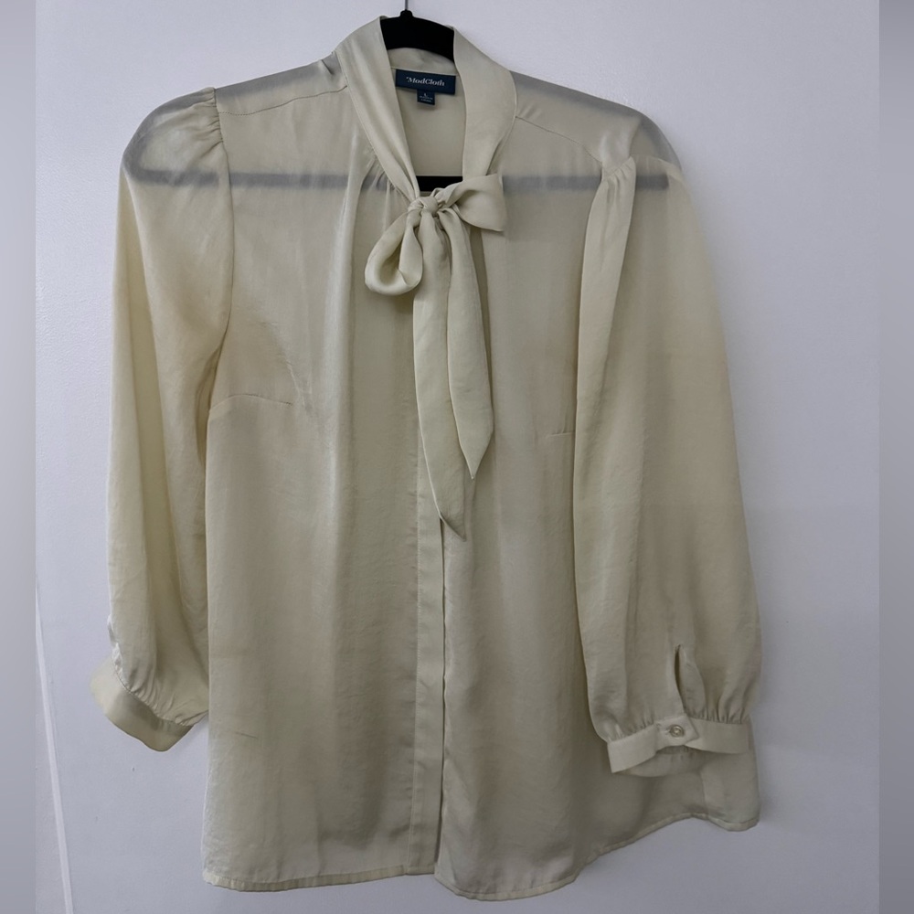 Modcloth Beige Blouse with Tie-Neck